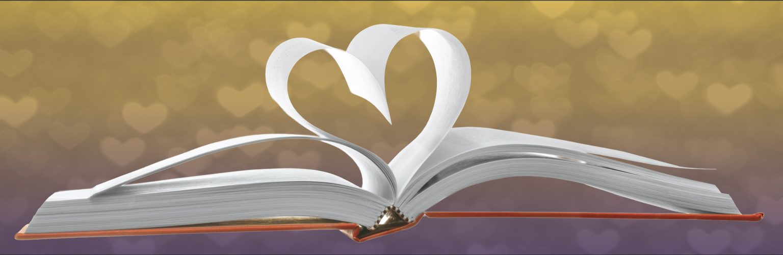An open book with its pages folded into a heart shape. The background is a warm golden and purple gradient with glowing heart shapes, representing love and the Golden Heart award.