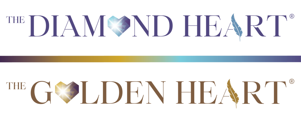 Logos for “The Diamond Heart” and “The Golden Heart” awards. The Diamond Heart logo features a sparkling blue diamond in the shape of a heart with a quill pen accent, and the Golden Heart logo features a glowing golden heart-shaped gem with a golden quill pen. Both designs symbolize excellence and creativity in romance writing.