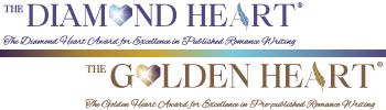 Logos for the Diamond Heart and Golden Heart Awards. The Diamond Heart logo features a blue diamond heart symbol with text: 'The Diamond Heart Awards for Excellence in Published Romance Writing.' The Golden Heart logo features a gold heart symbol with a quill and text: 'The Golden Heart Awards for Excellence in Pre-published Romance Writing.'